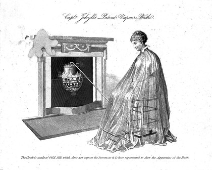 A woman covered in an oiled silk cloak with a vapour machine which is linked to fireplace in front of her. Engraving.
