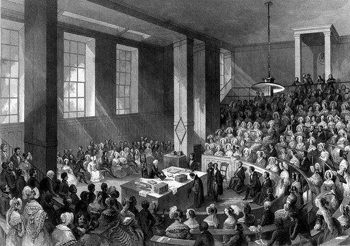 King's College, London: the interior of the theatre on prizegiving day. Engraving by H. Melville after T. H. Shepherd.