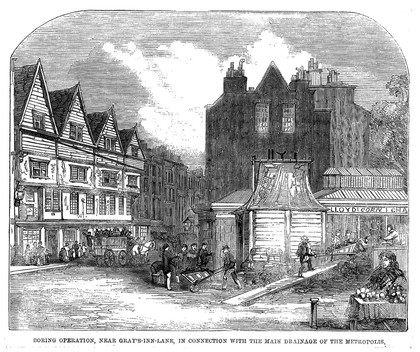 Boring operation to connect the drainage system near Grays Inn Lane to the main sewage system. Wood engraving.