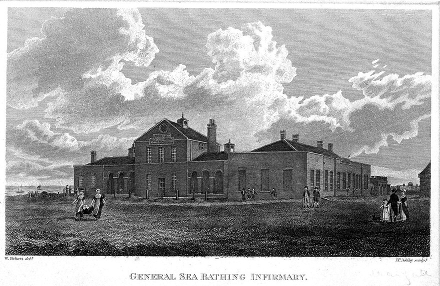 General Sea-Bathing Infirmary, Margate, Kent. Coloured line engraving by R. Ashby after W. Pickett.