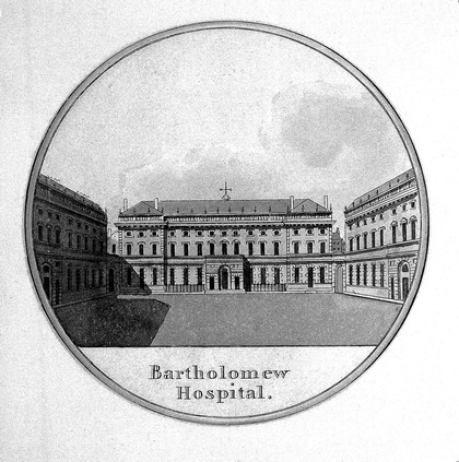 St Bartholomew's Hospital, London: a view of the courtyard. Coloured engraving.