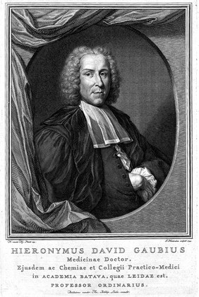 Hieronymus David Gaubius. Line engraving by J. Houbraken, 1744, after H. van der My, 1741.