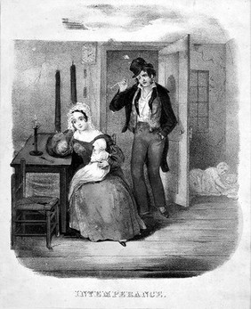 A drunken man returns home to his despairing wife and children. Coloured lithograph, c. 1840, after T. Wilson.