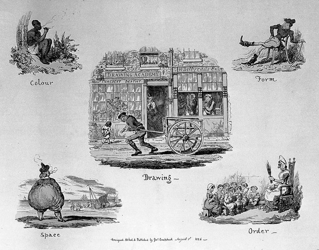 Phrenological properties of drawing: colour, form, space, order. Etching by G. Cruikshank, 1826.