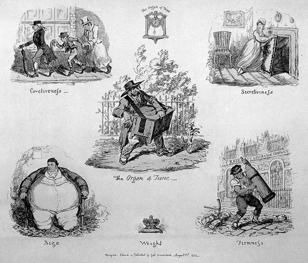 Seven vignettes illustrating phrenological propensities: tune, covetiveness, secretiveness, size, firmness, time, weight; illustrated by an organ-grinder, a pick-pocket, an adulterer, the huge Daniel Lambert, a pavior with his rammer, a winged clock, a crown on a cushion. Coloured etching by G. Cruikshank, 1826, after himself.