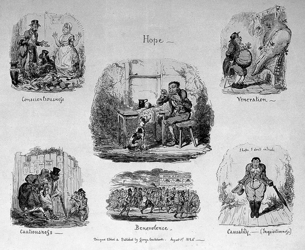 Six vignettes illustrating phrenological propensities: hope, conscientiousness, veneration, cautiousness, benevolence, causality; illustrated by a dog anxious for scraps, a maid attempting a good price for her masters old clothes, an obese gourmand eying an enormous side of beef, a prim couple crossing a muddy road, a man being flogged, Liston acting the part of Paul Pry. Coloured etching by G. Cruikshank, 1826, after himself.