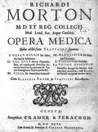 Opera medica. Quibus additi fuere tractatus sequentes / I. Gualt. Harris De morbis acutis infantium. II. Gul. Cole Novae hypotheseos ad explicanda febrium intermittentium symptomat. & typos excogitatae hypotyposis &c. III. Ejusd. De secretione animali. IV. Mart. Lister. De morbis chronicis. V. Ejusdem De variolis. VI. Thomae Sydenham Processus integri in morbis fere omnibus curandis, cum tract. de phthisi nunquam antehac edito.
