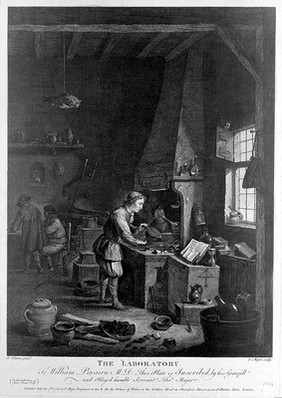 A young alchemist works a bellows at his furnace. Etching by T. Major, 1755, after D. Teniers the younger.