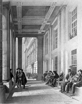 Greenwich Pensioners variously sitting or standing in the colonnade of the "Helpless ward" at Greenwich Hospital. Lithograph by S. Rayner.