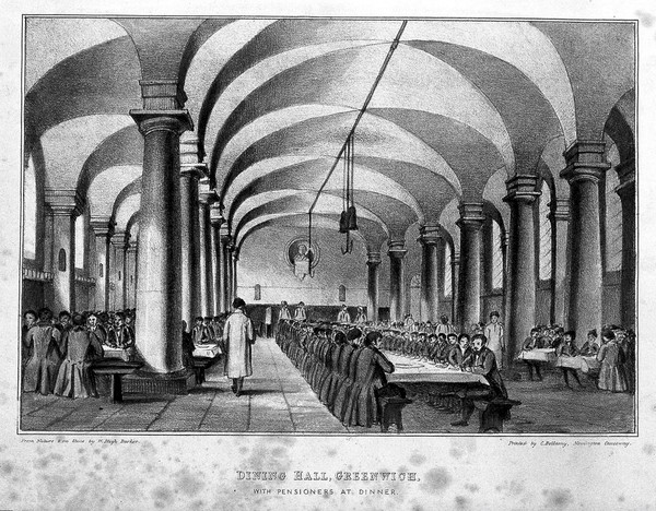 The west dining hall, Greenwich, in the crypt below the Painted Hall, full of Pensioners eating dinner. Coloured lithograph by W. Bligh Barker after himself.