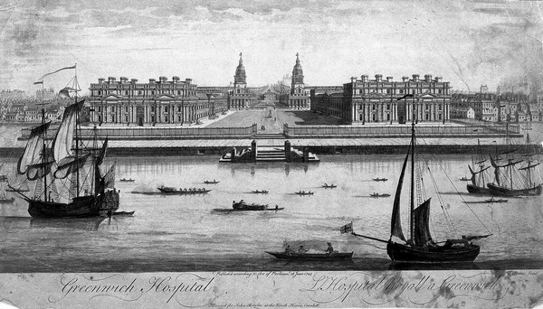 Royal Naval Hospital, Greenwich, with houses either side, ships and rowing boats in the foreground. Coloured engraving by T. Bowles, 1745.