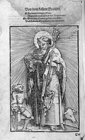 view Woodcut: St. Antony abbot with cripple using crutches.