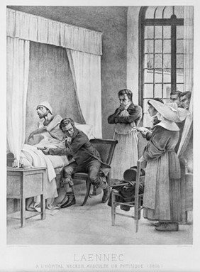 René Théophile Hyacinthe Laënnec auscultating a tubercular patient at the Necker Hospital, Paris, 1816. Heliogravure after a painting by T. Chartran.