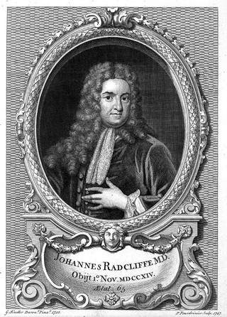 John Radcliffe. Line engraving by P. Fourdrinier, 1747, after Sir G. Kneller, 1710.