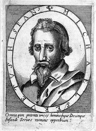 Michael Servetus. Line engraving, 1696, after C. van Sichem, 1607.