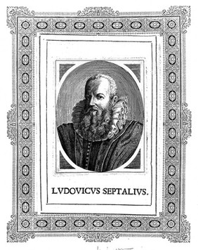 Luigi Settala. Line engraving, 1640, after R. Sadeler, 1607.