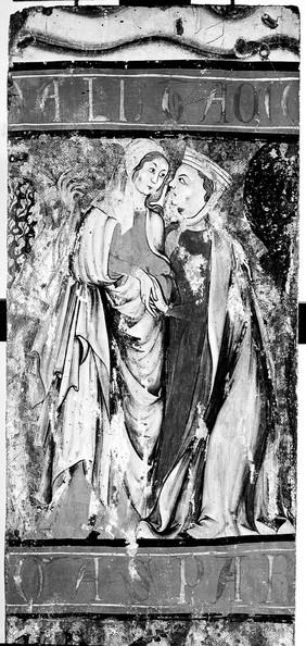 The visitation of the Blessed Virgin Mary to Saint Elizabeth (above) and Caspar, one of the magi, on horseback (below). Tempera painting by a Spanish painter, 14th century.