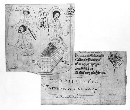 Antiquities: musicians and the suffering Job painted on the back of a door; Roman coins; a Roman inscribed stone; and the plant Sweet gale. Engraving, 1786.