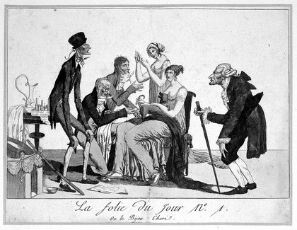 A group of dandies stand by while a lady's dog receives an enema. Coloured engraving.