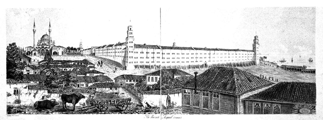 Crimean War: panoramic view showing the general hospital and mosque in Scutari, Turkey. Lithograph by Lady A. Blackwood.