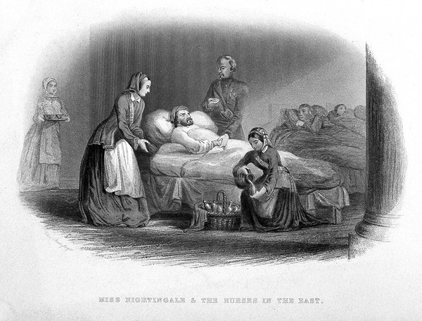 Crimean War: Florence Nightingale and nurses. Line engraving after C. Armytage.