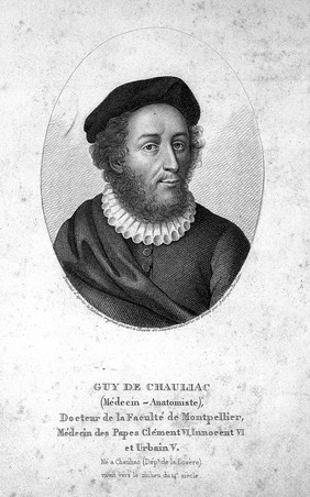 Guy de Chauliac. Stipple engraving by A. Tardieu after himself.