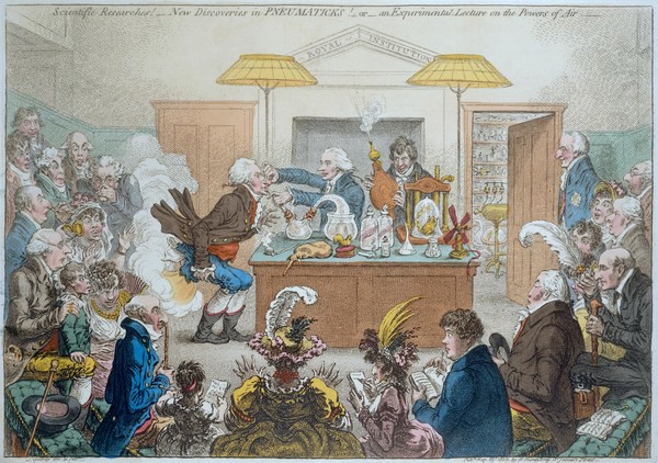 A lecture on pneumatics at the Royal Institution, London. Coloured etching by J. Gillray, 1802.