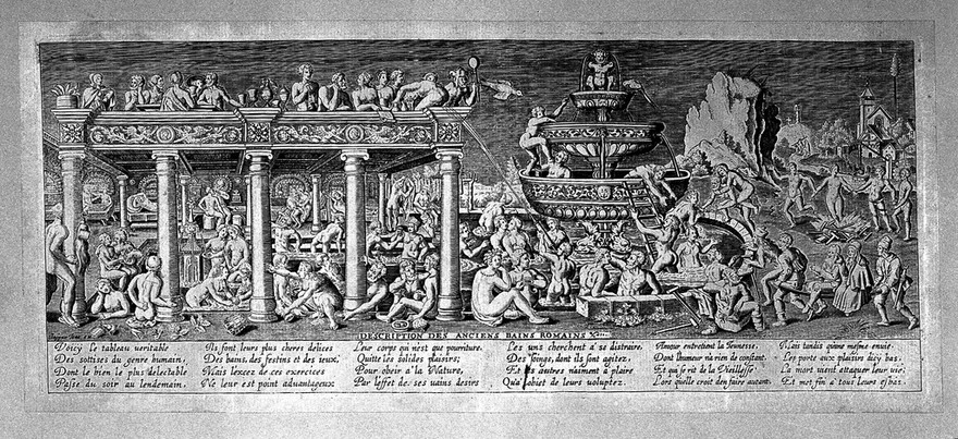 Men and women bathing in the fountain of youth, next to a bathhouse with a roof terrace where people disport themselves. Engraving, 16--, after S. Beham.