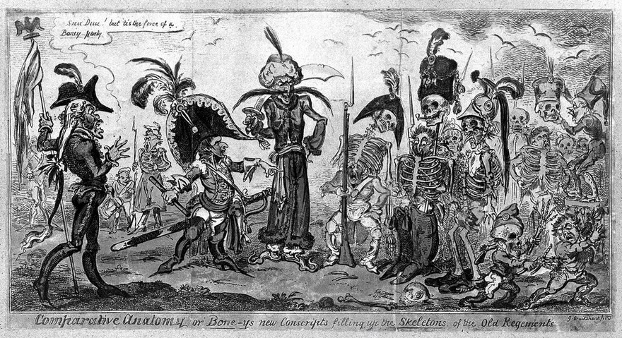 The diminished Napoleon before his despondent relief troops squeezed into the skeletons of their predecessors, referring to French military losses. Coloured etching by G. Cruikshank, 1813.