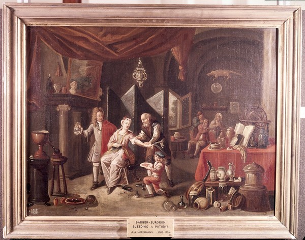 A surgeon letting blood from a woman's arm, and a physician examining a urine-flask. Oil painting by a Flemish painter, 18th (?) century.