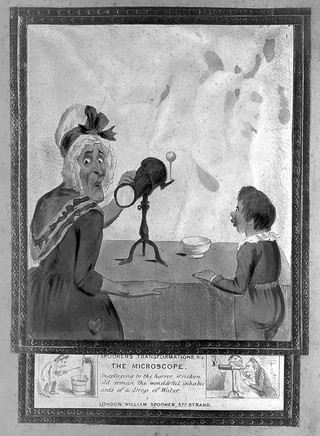 A horrified old woman observing the monstrous contents of a drop of water through a microscope. Coloured transparency lithograph.
