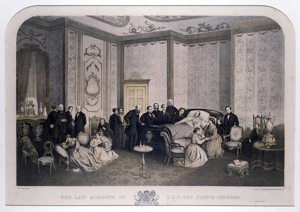 Albert, Prince Consort, on his deathbed at Windsor Castle, with members of the royal family and the royal household in attendance, 14 December 1861. Lithograph by W.L. Walton after Oakley, c.1865.