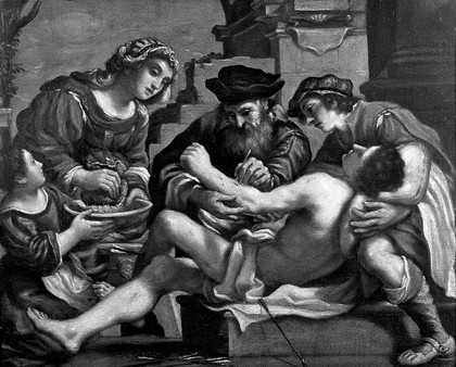 Saint Sebastian being succoured by a surgeon and others. Oil painting after Giovanni Francesco Barbieri, il Guercino.
