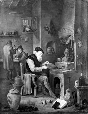 An alchemist in his laboratory. Oil painting by a follower of David Teniers the younger.