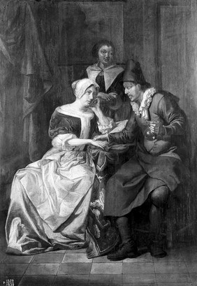 A physician feeling the pulse of a seated female patient. Oil painting attributed to Hendrik Heerschop.