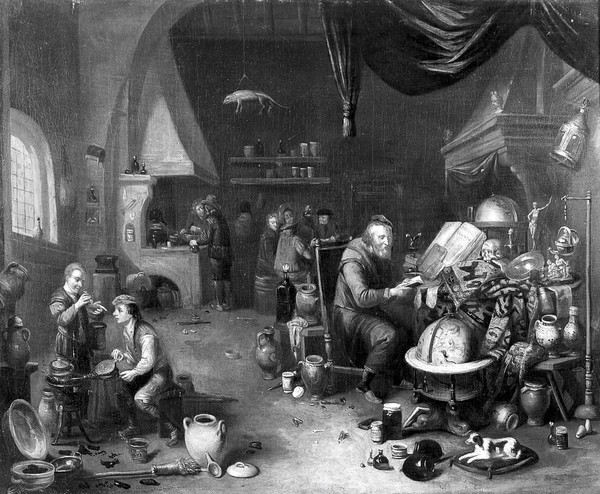 An alchemist in his laboratory. Oil painting by or after B. van den Bossche or G. Thomas.