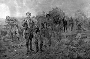 view Transport of wounded from bombed town. Grey wash. Signed UGO (pseudonym for Matania).