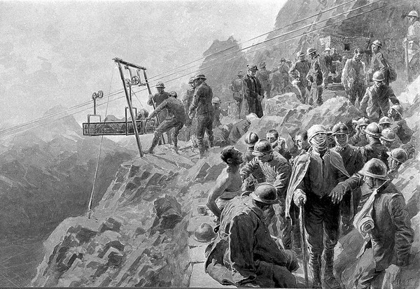 Transporting the wounded by aerial trolley in the Alps, 1917