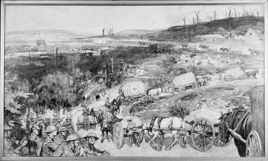 World War I: a long line of ambulances of the Royal Army Medical Corps and the walking wounded proceeding through a pass. Gouache in grisaille by W. Hatherell, ca. 1917.