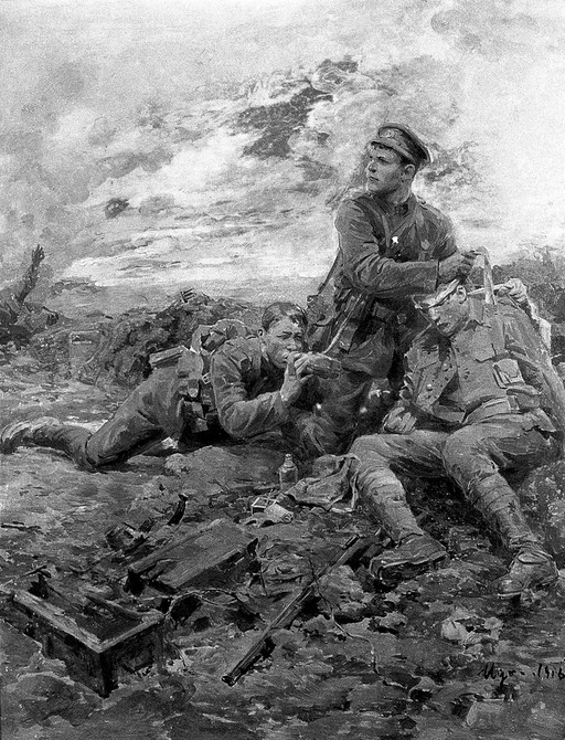 World War I: Private Fynn V.C., S.W. Borderers. Oil painting by Ugo Matania, 1916.