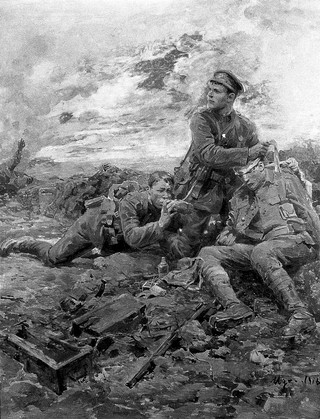 World War I: Private Fynn V.C., S.W. Borderers. Oil painting by Ugo Matania, 1916.