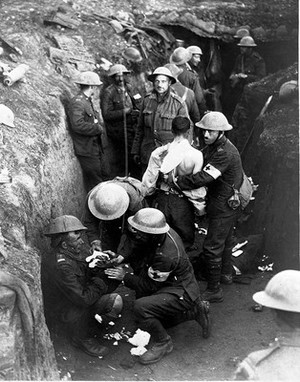 view World War One: regimental aid post in trenches