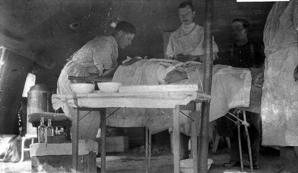 World War One: operating theatre in portable hut of a C.C.S.