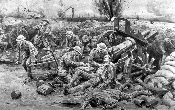 World War I: members of the Royal Army Medical Corps attending a shelled gun position in France. Gouache painting by F. Dadd, 1916.