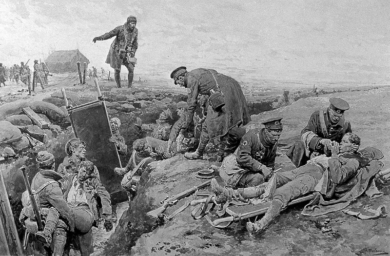 World War I: members of the Royal Army Medical Corps lifting dead and wounded men out of a bombed trench in France and treating the survivors. Photograph of drawing by F. Matania, ca. 1917., 1916-1918, by Fortunino Matania