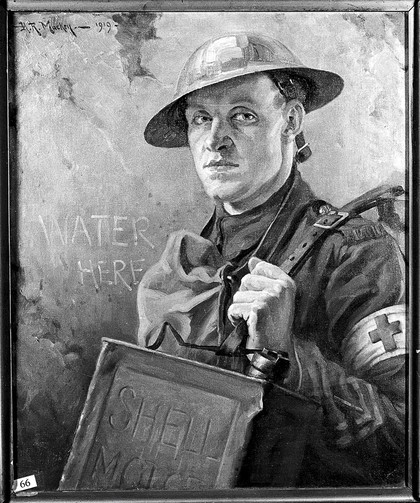 World War I: an R.A.M.C. bearer supplying water to the front line. Oil painting by H.R. Mackey.