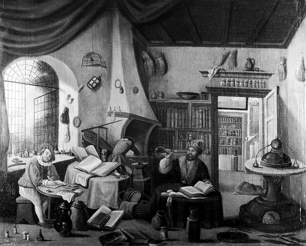 Two scholars in a cabinet: Paracelsus (?) and a traditional philosopher examining a flask. Oil painting.