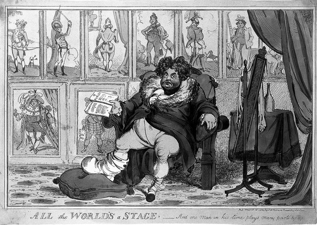 The gouty King George IV relaxing before nine portraits chronicling his past extravagant styles of dress; representing the King's attempt to withdraw from public ridicule. Coloured etching by W. Heath, 1824.