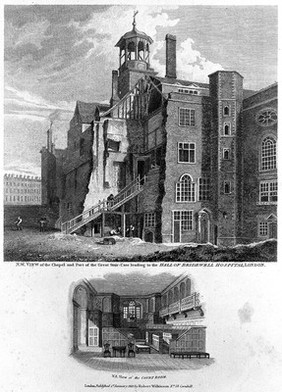 Bridewell Hospital: a ruined corner of the courtyard and staircase, with a vignette of a room. Engraving by B. Howlett, 1813, after C. J. M. Whichelo, 1803.