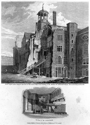 view Bridewell Hospital: a ruined corner of the courtyard and staircase, with a vignette of a room. Engraving by B. Howlett, 1813, after C. J. M. Whichelo, 1803.